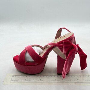 FSJ Hot Pink Velvet Platform Block Heel Sandals with Bow